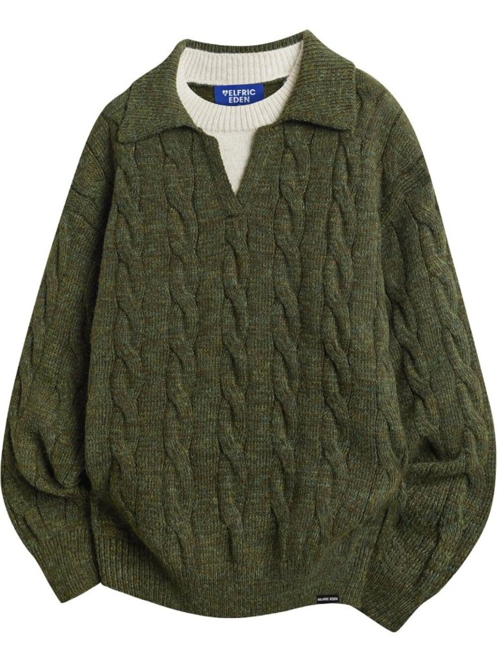 Oversized Knit Pullover Sweater with Faux Two-Polo V-Neck Design, Cozy Fashion